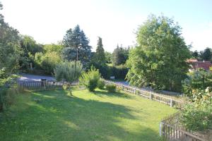 a yard with a fence and trees and a road at Ferienwohnung am Stadtrand in Dresden