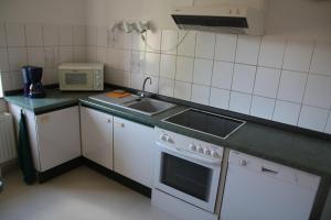 a small kitchen with a sink and a stove at Ferienwohnung am Stadtrand in Dresden