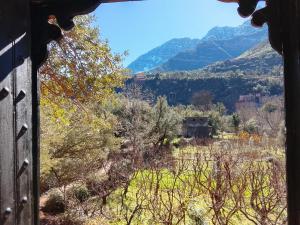 a view from a window of a field with mountains at Chez Yahia, Au coeur de L'Ourika in Ourika