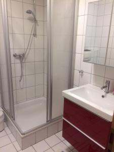 ein Bad mit einer Dusche und einem Waschbecken in der Unterkunft Pension-Gästehaus Küblböck in Neualbenreuth