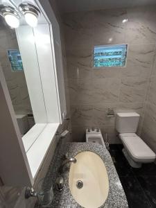a bathroom with a sink and a toilet and a mirror at El Atardecer in Trapiche +4 photos