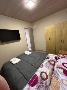 a bedroom with two beds and a flat screen tv at El Atardecer in Trapiche
