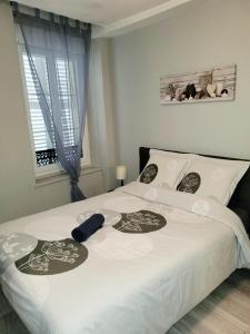 a bedroom with a large white bed with two pillows at L’AMIRAL in Châtillon-Coligny