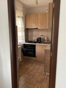 a small kitchen with wooden cabinets and a stove at Studio in Drobeta-Turnu Severin