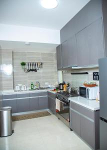 a kitchen with gray cabinets and a stove top oven at Serenity Haven Luxe 2BR, Pool, Wi-Fi, AC, Netflix , DSTV, Gated, Sakumono in Agblesia