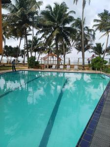 a large swimming pool with palm trees in the background at Roy Villa Beach Front in Padagala