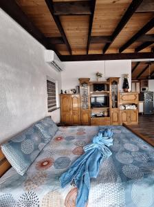 a bedroom with a large bed with a blue blanket at The Mountain House Doris in Kruševo