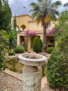 a fountain in front of a house with a palm tree at Finca La Alcolehuela in Santa Elena