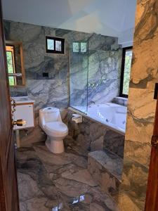 a stone bathroom with a toilet and a tub at Casa Tucan Glamping in Turrialba