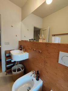a bathroom with a sink and a toilet and a mirror at Il Faggio Rosso Apartment in Vernante