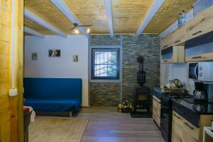 a kitchen with a blue couch in a room at Independent Chalet in Şirnea