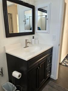 a bathroom with a sink and a mirror at Turlocks Little Palace in Turlock +22 photos