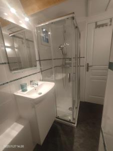 a white bathroom with a shower and a sink at WhiteHouse Lozère in Palaiseau +2 photos