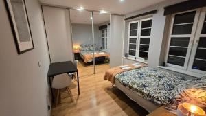 a small room with a bed and a mirror at 4 Lions Guest House in Gdańsk +5 photos