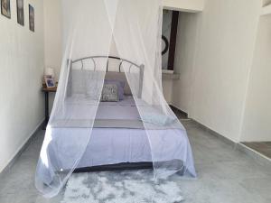 a bed with a mosquito net in a room at La casa del mar in Manzanillo