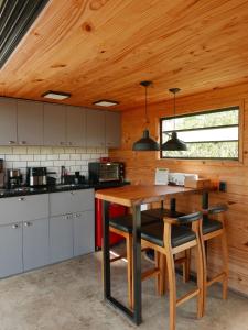 a kitchen with a wooden ceiling and a wooden table at Refúgio Veadeiros Container in Sao Jorge