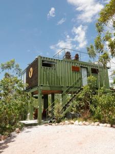 a green house with a staircase leading up to it at Refúgio Veadeiros Container in Sao Jorge +18 photos