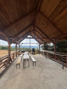 a large wooden pavilion with benches and tables at Cabana Lake View in Bălceşti