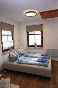 a bedroom with two beds and two windows at Ferienwohnung Storchennest in Bad Liebenstein