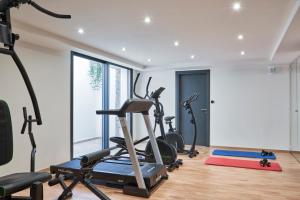 a gym with treadmills and elliptical machines at Elounda Olivia Luxury Villa Spinalonga View in Elounda