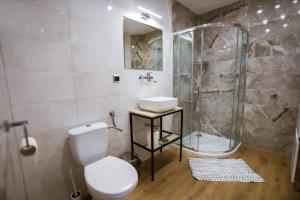 a bathroom with a toilet and a sink and a shower at Hotel Lubaczów Hotel Restauracja u Dina in Lubaczów +4 photos