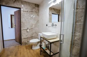 a bathroom with a sink and a toilet at Hotel Lubaczów Hotel Restauracja u Dina in Lubaczów