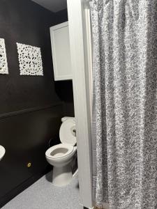 a bathroom with a toilet and a shower curtain at 4th Street Residences in Saint David
