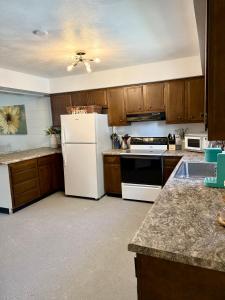 a kitchen with a white refrigerator and wooden cabinets at 4th Street Residences in Saint David