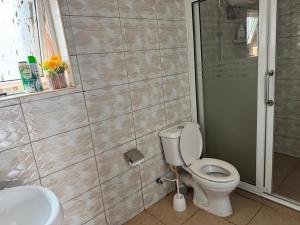 a bathroom with a toilet and a sink and a shower at Comfy cozy in Kira