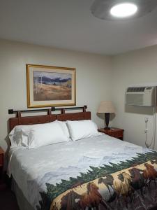 a bedroom with a bed and a air conditioner at Lake Stop Resort in Buffalo