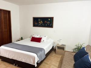 a bedroom with a bed with a red pillow on it at Casa El Pinar in Jardin