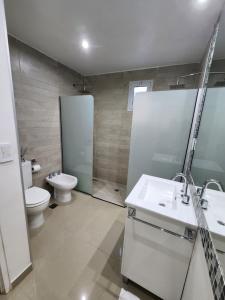 a bathroom with a toilet and a sink and a mirror at Luz de Sol in Plottier