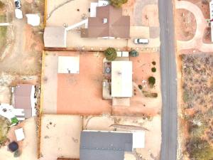 an overhead view of a yard with a building at Sandstone Gazing big backyard Sleeps 10 in Kanab