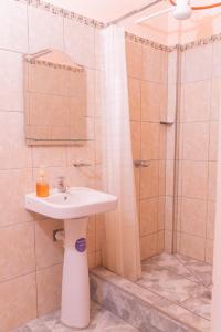 a bathroom with a sink and a shower at Hotel Posada Stella Maris in Puerto Barrios +30 photos
