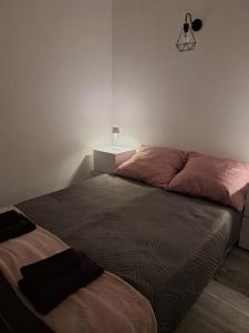 a bedroom with two beds and a lamp on the wall at Beti's Apartment in Zambrów