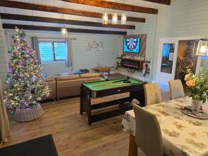 a living room with a pool table and a christmas tree at Kozy Kabin in Ballyduff