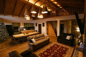 a living room with a couch and a christmas tree at Chalet Village Bran in Bran
