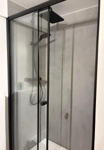 a shower with a glass door in a bathroom at Charmant duplex Proche station in Aime-La Plagne +17 photos