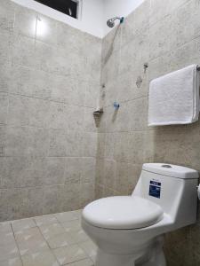 a bathroom with a toilet and a tiled wall at Habitaciones Huitzilin in Brisas de Zicatela +24 photos