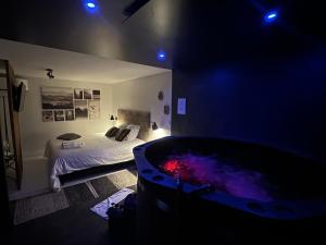 a bedroom with a bed and a tub in a room at Suite Nordique - Cinéma et Jacuzzi in Bordeaux