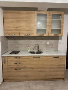 a kitchen with wooden cabinets and a sink at Krčma Jahorina in Jahorina