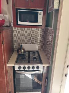 a kitchen with a stove and a microwave at LRM Home in Basseterre