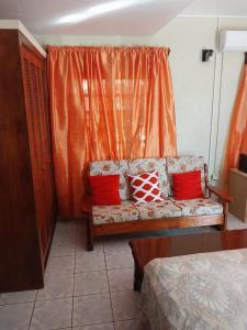 a living room with a couch with red pillows at LRM Home in Basseterre
