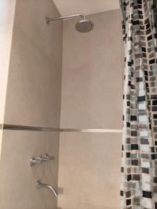 a shower with a glass door with a shower curtain at Monoambiente Premium in La Plata +31 photos