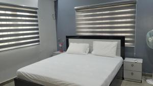 a bedroom with a bed with white sheets and windows at Lakatabu Apartments in Mama