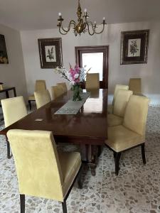 a dining room table with chairs and a vase of flowers at Flor y Canto Hotel in Matehuala