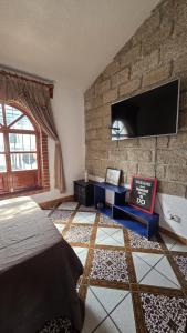 a bedroom with a bed and a tv on a brick wall at Casa Quijote in Chiautla