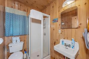 a bathroom with a toilet and a shower and a sink at TB5 Thunder Bay Resort Cabin5 in Phelps