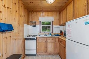 a kitchen with a stove and a sink and a refrigerator at TB5 Thunder Bay Resort Cabin5 in Phelps