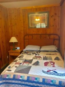 a bedroom with a bed with a quilt on it at Bayview Resort Sandy Shores Cabin 3 in Saint Germain +21 photos
